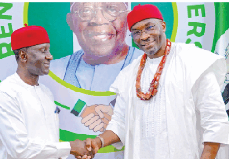 Deputy Speaker, House of Representatives, Rt. Hon. Benjamin Kalu (right), exchanging pleasantries with former minister of state for mines and steel, Dr. Uche Ogah, during his visit to the deputy speaker at the Renewed Hope Partners (RHP) office, Umuahia, Abia State, yesterday. PHOTO BY DEPUTY SPEAKER’S MEDIA OFFICE