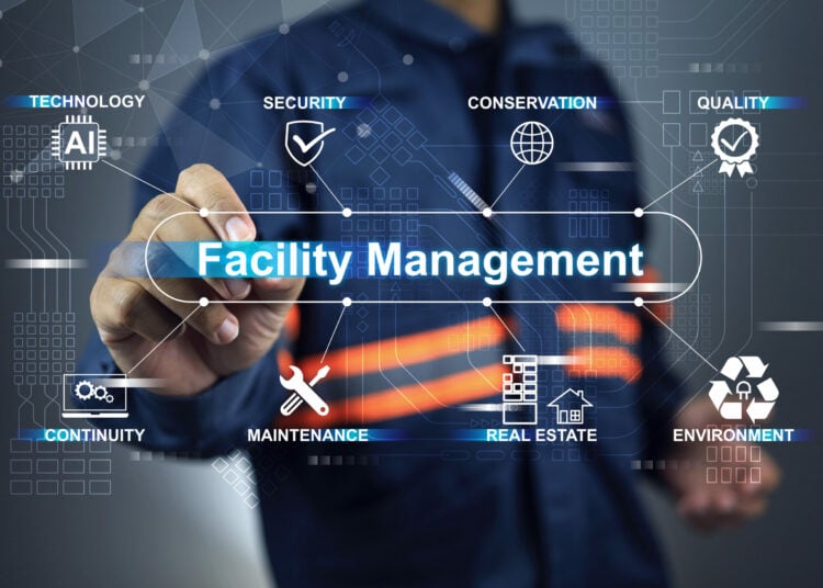 Engineer supervisor technical staff in reflective jacket working facility management. Real estate maintenance management on site service with modern technology and real time device monitoring.