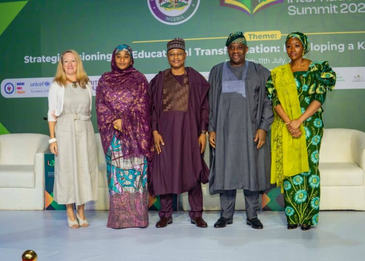 (L-R)-British Deputy High Commissioner to Nigeria, Mrs Gill Lever OBE; Minister of State for Education, Prof. Suwaiba Sai’d Ahmad; Governor of Kaduna State and Chief Host, Senator Uba Sani, CON; Minister of Education, Doctor Maruf Tunji Alausa, CON and Hadiza Elayo Representing the Deputy Secretary General United Nations, Amina J. Mohammed, GCON.