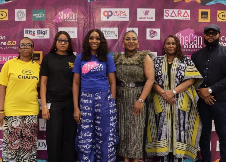 L-R: Analyst-Sponsorship, Marketing, MTN Nigeria, Ogonna Godfrey; Sponsorships and Promotion Manager, MTN Nigeria, Njide Ken-Odogwu; Founder, SheCan Nigeria, Ezinne Ezeani; Managing Director Ingentia Energies Limited, Olajumoke Ajayi; General Manager, Business Intelligence, MTN Nigeria, Funke Alabi, and Managing Partner, MBR Signature, Stanley Ezeani, at the press briefing for the SheCan DoMore 6.0 Conference held in Lagos, over the weekend.