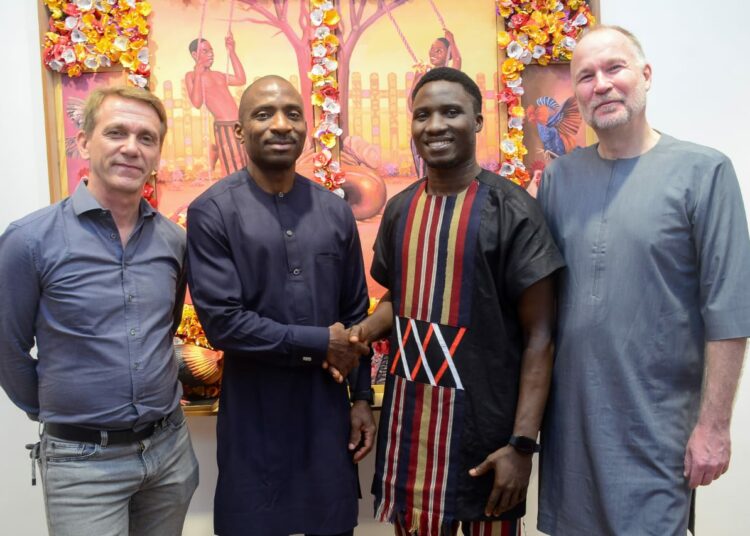 L-R: Director, Alliance Francaise de Lagos, Marc Brebant; CEO, Absa Nigeria, Bamidele Sadiq Abu; Artist, Emmanuel Idowu; and Absa Senior Specialist, Art & Museum Curator, Dr. Paul Bayliss during a Solo Exhibition by Emmanuel Idowu titled “Echoes of Innocence” a collaboration between Absa L'atelier and Alliance Francaise de Lagos held at Mike Adenuga Centre,  lkoyi, Lagos...on Saturday July 5th,  2025