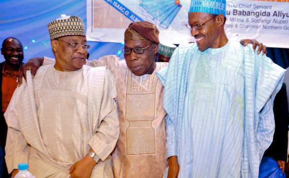 L-R: Former Head of State, Ibrahim Babangida, former President Olusegun Obasanjo and former President Muhammadu Buhari