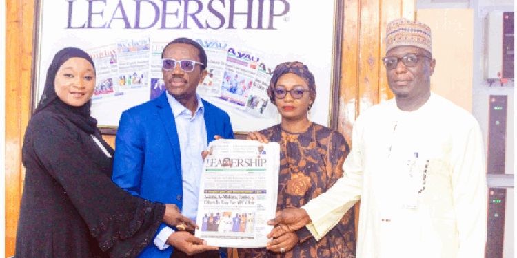 L–R: Team lead, Media AI & Corporate Communications, Galaxy Backbone, Fatima Limar Buba; head, Media & Corporate Communications, Galaxy Backbone, Mr. Chidi Okpala; managing editor, LEADERSHIP Group Ltd, Mrs. Raliat Ahmed-Yusuf and head, Marketing and Business Intelligence, Galaxy Backbone, Tasiu Muhammad Pantami, during a visit by Galaxy Backbone team to the LEADERSHIP headquarters in Abuja yesterday. PHOTO BY REUBEN OJOAJOGWU GAD