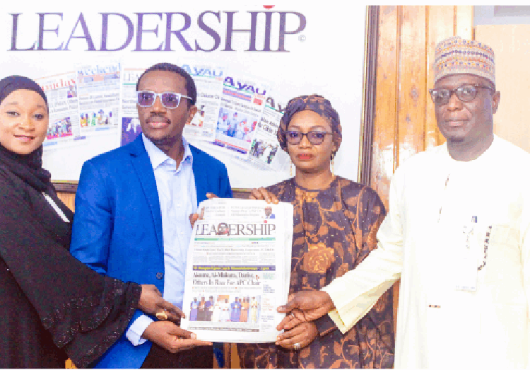 L–R: Team lead, Media AI & Corporate Communications, Galaxy Backbone, Fatima Limar Buba; head, Media & Corporate Communications, Galaxy Backbone, Mr. Chidi Okpala; managing editor, LEADERSHIP Group Ltd, Mrs. Raliat Ahmed-Yusuf and head, Marketing and Business Intelligence, Galaxy Backbone, Tasiu Muhammad Pantami, during a visit by Galaxy Backbone team to the LEADERSHIP headquarters in Abuja yesterday. PHOTO BY REUBEN OJOAJOGWU GAD