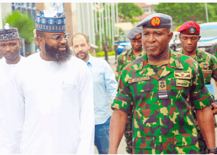 Chief of Air Staff (CAS), Air Marshal Hasan Abubakar (R) and the CEO of the National Agency for Science and Engineering Infrastructure (NASENI), Mr Khalil Suleiman Halilu, during the visit of the CAS to NASENI Office in Abuja, yesterday. PHOTO: NAN