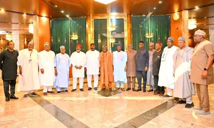 Class Of 99 Governors Push for Jobs, Ask Tinubu to End Palliative Culture 1 President Bola Tinubu (middle) with fellow 1999-2007 class of governors, at the Presidential Villa, Abuja on Friday. PHOTO BY: STATE HOUSE