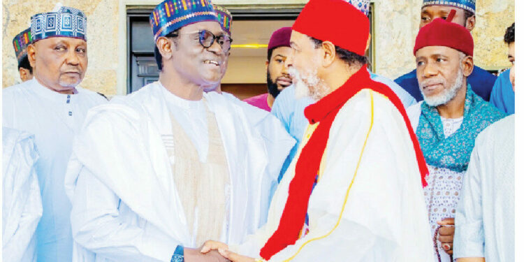 Yobe Governor, Hon Mai Mala Buni (Second Left) while shaking hands with the Chairman of the Dahiru foundation, Sheikh Ibrahim Dahiru Bauchi when he led scholars on a courtesy visit on him in Damaturu