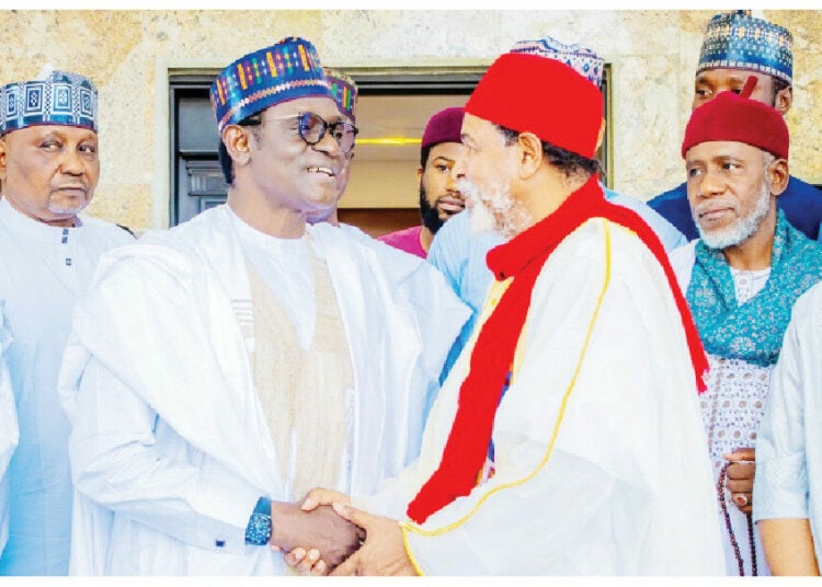 Yobe Governor, Hon Mai Mala Buni (Second Left) while shaking hands with the Chairman of the Dahiru foundation, Sheikh Ibrahim Dahiru Bauchi when he led scholars on a courtesy visit on him in Damaturu