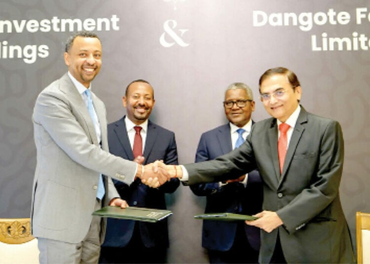 L-R: CEO, Ethiopian Investment Holdings, Dr Brook Taye; Ethiopian Prime Minister, HE Abiy Ahmed Ali; President/CEO, Dangote Group, Aliko Dangote, and CEO, Dangote Fertilisers Ltd, Vishwajit Sinha at the signing of a $2.5 billion fertiliser plant agreement in Addis Ababa, on Thursday. PHOTO FROM DANGOTE