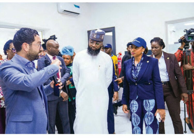 CEO of NASENI Troment Limited, Dr. Selim Hani;  Executive Vice Chairman/CEO, National Agency for Science and Engineering Infrastructure (NASENI), Mr. Khalil Suleiman Halilu; Minister of Industry, Trade and Investment, Dr. Jumoke Oduwole during the minister’s tour of NASENI facilities on Monday, August 11, 2025.