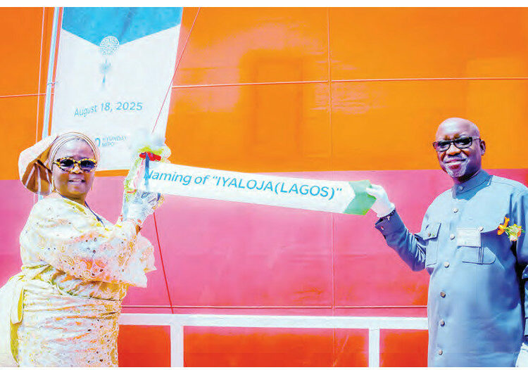 R-L: Minister of state for Petroleum Resources (Gas), Rt. Hon. Ekperikpe Ekpo (representing the President Bola Tinubu) and the iyaloja-general of Nigeria, Alhaja Folasade Mujidat Tinubu-Ojo, at the official naming ceremony of the 40,000 cubic metres (CBM) WAGL Energy Limited’s Liquefied Petroleum Gas (LPG) vessel in Ulsan, South Korea, on Monday. PHOTO FROM NNPC