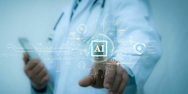 Medical worker touch virtual medical revolution and advance of technology Artificial Intelligence,AI Deep Learning for medical research,Transformation of innovation and technology for future Health