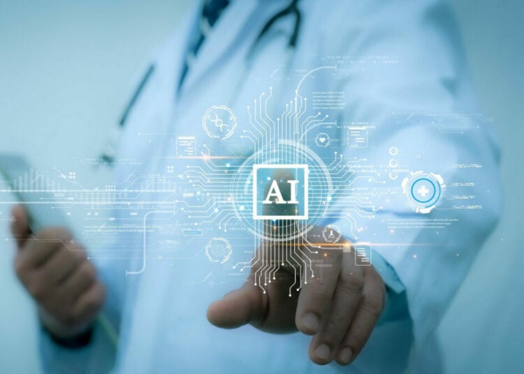 Medical worker touch virtual medical revolution and advance of technology Artificial Intelligence,AI Deep Learning for medical research,Transformation of innovation and technology for future Health