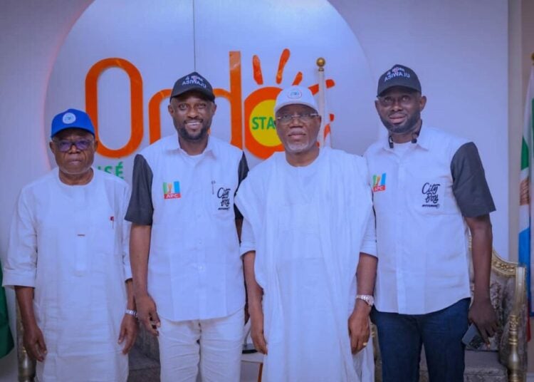 L - R: Ondo Deputy Governor, Olayide Adelami; Director General of City Boy Movement, Hon. Francis Oluwatosin Shoga; Ondo State Governor,  Lucky Aiyedatiwa and the National Executive Coordinator of City Boy Movement,  Mr. Favour Abayomi.