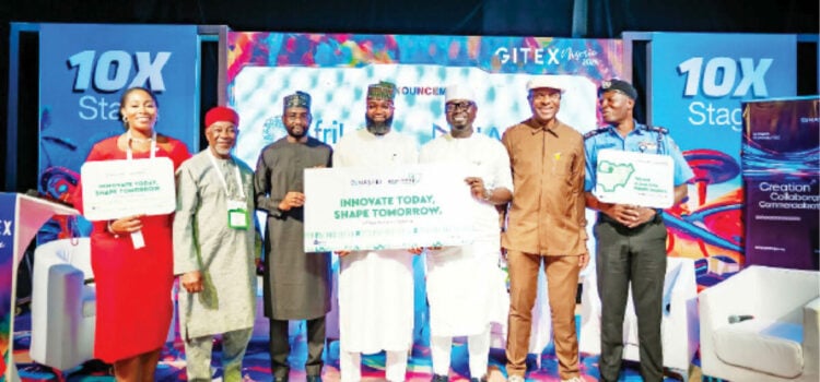Director-General of  NITDA, Kashifu Inuwa (3rd  from left); EVC/CEO of NASENI,  Khalil Suleiman Halilu (centre), and Minister of Youth Development,  Comrade Ayodele Olawande (3rd from right) and others at the unveiling of Innovate Naija Challenge at GITEX Nigeria last week.
