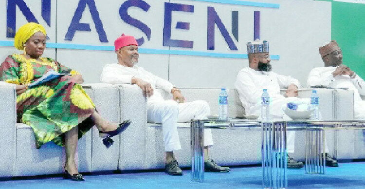 L-R: Chairman/CEO, Nigerians in Diaspora Commission (NiDCOM), Dr. Abike Dabiri-Erewa; Minister of Innovation, Science and Technology, Chief Uche Geoffrey Nnaji; Executive Vice Chairman/CEO of NASENI, Mr. Khalil Suleiman Halilu; Chairman, Presidential Implementation Committee on Technology Transfer (PICTT), Dr. Dahiru Mohammed during the launch of Delta-2 Projects Second Call for Proposals held at the NASENI Headquarters, Abuja.