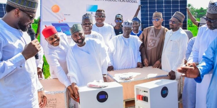 L-R DG, Energy Commission of Nigeria (ECN), Dr Mustapha Abdullahithe Minister of Science, Technology and Innovation, Uche Nnaji, Hon. Abubakar Bichi, Chairman, House of Representatives Committee on Appropriations, AKTH CMD, Professor Abdulrahman Sheshe and other member of the National Assembly during the flag off of N12bn Renewed Hope solar project at AKTH