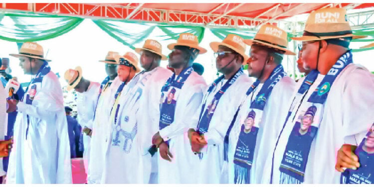 Yobe ALGON, Chairman, Hon Bukar Adamu (In Front) supported by the LG Chairmen across the State while houring Gov Buni at the August 27th Stadium Damaturu.
