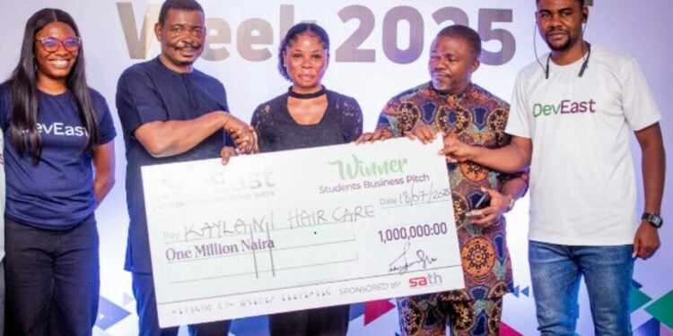 L-R; Ugbonma Grace Ekeagbara – CSR Executive SATH, Collins Onuegbu – Chairman SATH, Anoribe Precious Chinelo -Founder, Kaylani Haircare Essentials and Winner DevEast Entrepreneurship Week Business Pitch, Dr Abraham Ngwunta – Director, FUTO Enterprise Development Centre, Ikenna Okechukwu – Founder Bedrock Initiative at DevEast, FUTO, Imo State.