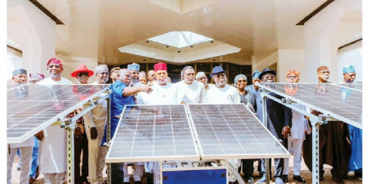 Vice President Kashim Shettima (centre), Executive Vice Chairman/CEO of National Agency for Science and Engineering Infrastructure (NASENI), Khalil Suleiman Halilu and state governors endorsing NASENI's Solar Irrigation System during 152nd  meeting of the National Economic Council (NEC) meeting held at the Presidential Villa, Abuja.