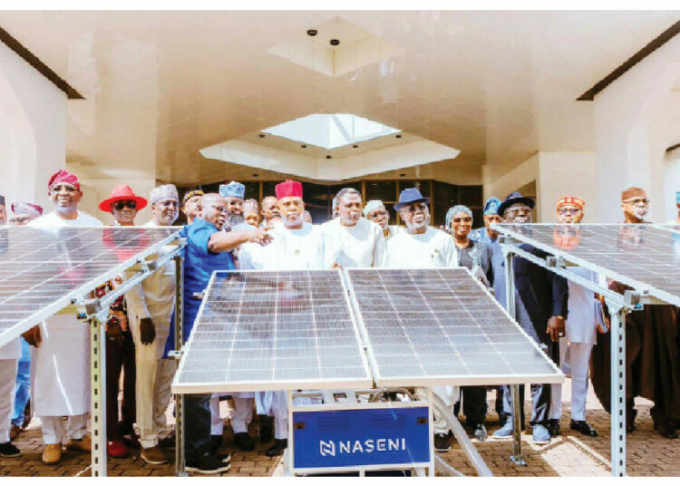Vice President Kashim Shettima (centre), Executive Vice Chairman/CEO of National Agency for Science and Engineering Infrastructure (NASENI), Khalil Suleiman Halilu and state governors endorsing NASENI's Solar Irrigation System during 152nd  meeting of the National Economic Council (NEC) meeting held at the Presidential Villa, Abuja.