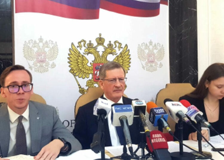 Russian Ambassador to Nigeria, Andrey Podelyshev (center) and other Russian embassy officials during the interaction with the media on the Russia -Ukraine conflict in Abuja, recently