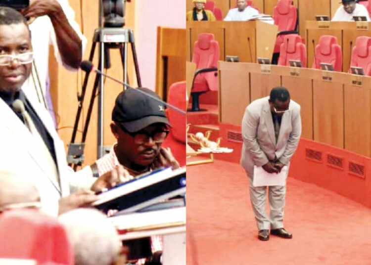 The new INEC Chairman, Prof. Joash Amupitan, answering questions before the Senate and taking a bow during his screening at the National Assembly yesterday. PHOTO BY IBRAHIM MOHAMMED