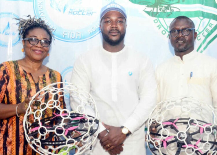 L–R: Deputy director of sports, Lagos State Sports Commission (LSSC), Ifeoluwa Ogunlaja; president, Federation of International Drone Soccer Association (FIDA Nigeria), Rotimi Makanjuola; and deputy director of Sports, (LSSC), Salami Adebayo, during the Lagos State Sports Commission Inaugural FIDA Training for Youth Development and STEM education held at Teslim Balogun Stadium, Surulere, Lagos, on Thursday.PHOTO: FIDA