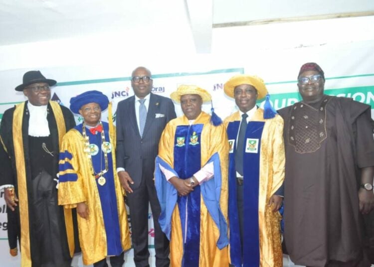 L - R: Prince (Dr.) Richard Oma Ahonaruogho (SAN) - Legal Adviser of the Academy, Prof. Lere Baale - President and Chairman of Council, Nigeria Academy of Pharmacy, Mr. Wale Oyedeji - Group Managing Director First Holdco PLC & Keynote Speaker, Alhaji Ahmed Yakassai - Vice President Nigeria Academy of Pharmacy, Pharm. Lekan Asuni - Secretary General Nigeria Academy of Pharmacy and Adj Prof. Abiodun Osiyemi - of Babcock Business School. At the 2025 Investiture of Fellows of the Nigeria Academy of Pharmacy.