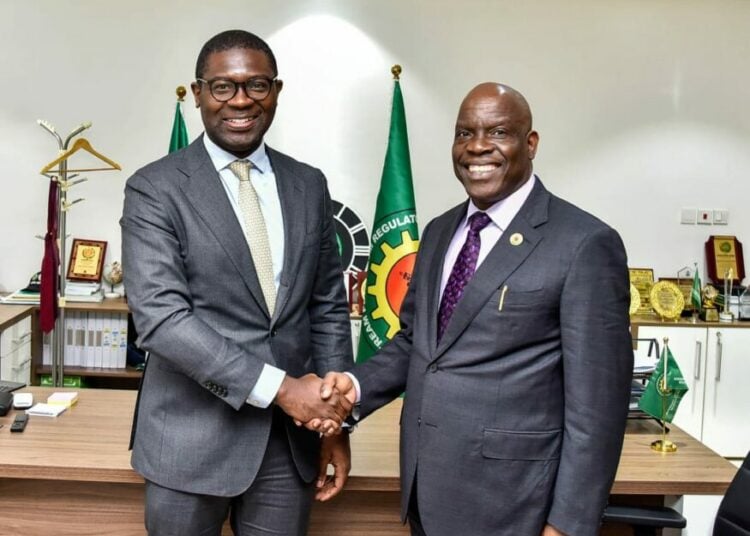 Nigeria’s Oil Sector R-L: Chief executive of the Nigerian Upstream Petroleum Regulatory Commission (NUPRC), Gbenga Komolafe and managing director and head of Investment Banking Sub-Saharan Africa, Bank of America, Chuba Ezenwa, at the corporate headquarters of the NUPRC in Abuja on Tuesday. PHOTO: NUPRC