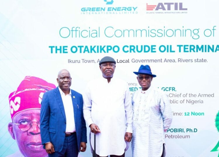 L-R; Chief Executive of Nigerian Upstream Petroleum Regulatory Commission (NUPRC), Engr. Gbenga Komolafe; Hon. Min of State for Petroleum, Senator Heineken Lokpobiri, and Chairman, GEIL, Prof. Anthony Adegbulugbe at the commissioning of the crude oil export terminal in Otakikpo, Rivers State.