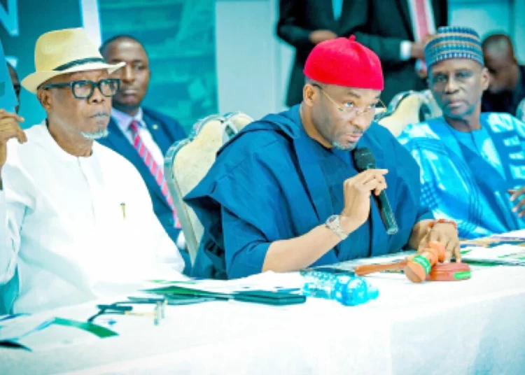L-R: House leader/deputy chairman, House of Representatives Committee on Constitution Review, Hon. Julius Ihonvbere, deputy speaker/chairman of the committee, Rt. Hon. Benjamin Okezie Kalu and Senate chief whip, Senator Mohammed Monguno, during a consultative meeting with the leaders of political parties in Abuja, yesterday. PHOTO BY IBRAHIM MOHAMMED.