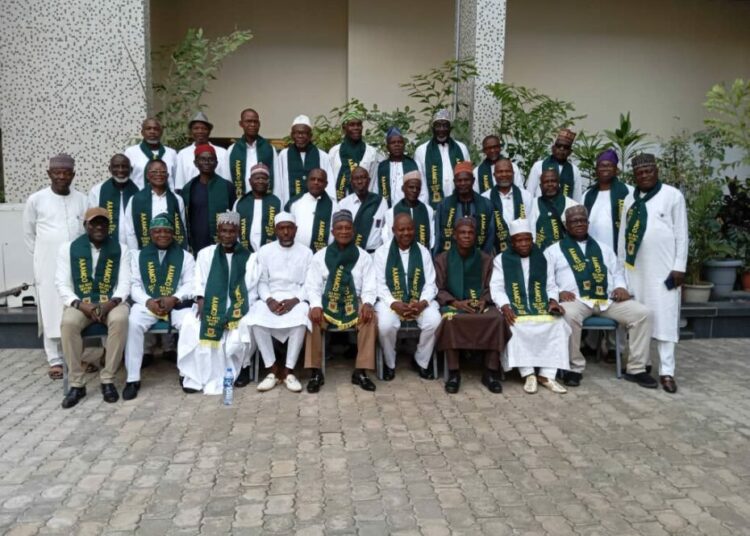 Sitting in the front row, principal, Abdul Aziz Atta Memorial College Okene (AAAMCO), Paul Amoh Orobo, represented by Dr Sadiqi Ibrahim (4th left); chairman of the organising committee AAAMCO Old Boys (Set 1977-1982) reunion meeting, Dr Tunde Puke (5th left), Alhaji Ibrahim S. Ibrahim (6th left), and the head boy of the school, Alhaji Usman Gomina Ohikere (3rd from right), during their 2025 reunion meeting, held in Abuja on Saturday. PHOTO: AAAMCO Old Boys