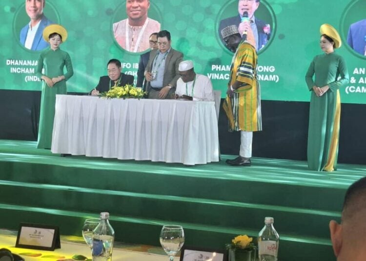 nigeria L-R: President of Vietnam Cashew Association, VINACAS,  Mr. Pham Van Cong; Vice President, Vietnam Cashew Association, VINACAS, Nguyen Minh Hoa; National President of National Cashew Association of Nigeria, NCAN, Dr Ojo Joseph Ajanaku, and National Financial Secretary, National Association Cashew Association of Nigeria, NCAN, Alhaji Muhammad Kabir at the official signing ceremony of Memorandum of Understanding between Nigerian and Vietnamese Government at the 14th VINACAS Golden Cashew Rendezvous 2025 celebrating 35th VINACAS Anniversary (1990-2025), held in Hanoi City, Vietnam.