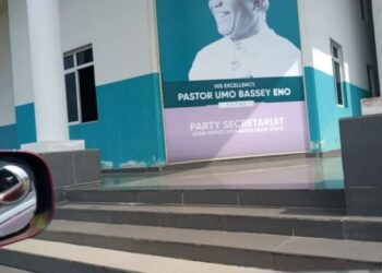 6 Months After Defection To APC, Akwa Ibom Governor’s Images Still Dot PDP Office