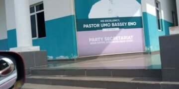 NEPC 6 Months After Defection To APC, Akwa Ibom Governor’s Images Still Dot PDP Office