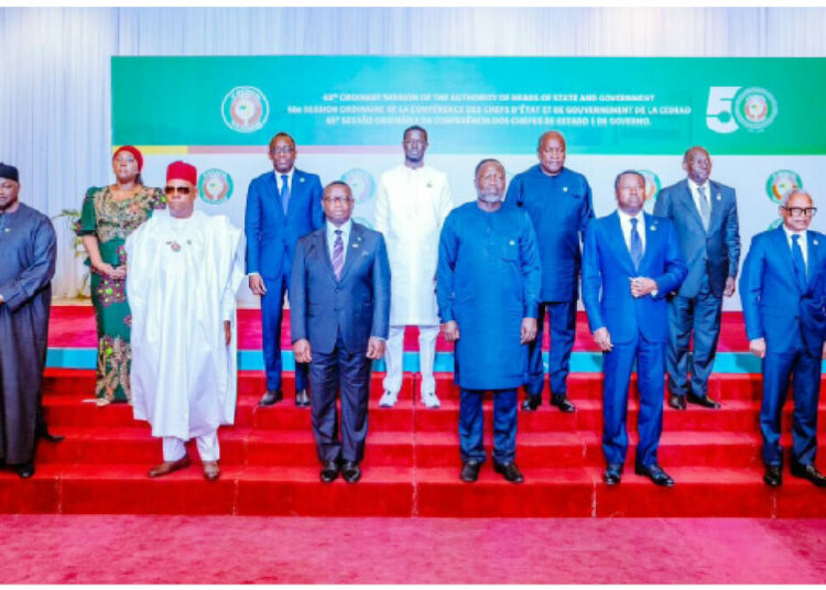 West African Leaders Unite Against Coups, Violent Extremism 1 Vice President Kashim Shettima(2nd left) with other heads of government during the opening of the 68th Ordinary Session of the ECOWAS Authority of Heads of State and Government at the State House Conference Centre, Presidential Villa,in Abuja, yesterday. PHOTO: STATE HOUSE