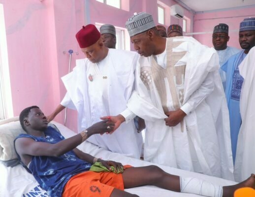 Shettima, Zulum Console Borno Blast Survivors 1 Vice President Kashim Shettima and Borno State governor, Prof Babagana Zulum, during their visit to the victims of Wednesday’s bomb blast at a mosque in Maiduguri, receiving treatment at the University of Maiduguri Teaching Hospital (UMTH), Maiduguri, yesterday. PHOTO: BORNO GOVT HOUSE
