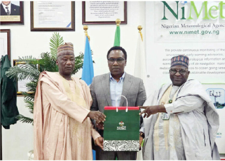 L-R: Yobe Commissioner of Transport, Hon Mohammed Mohammed Bara, DG NiMet, Professor Charles Anosike and his Perm Sec, during an official engagement in Abuja