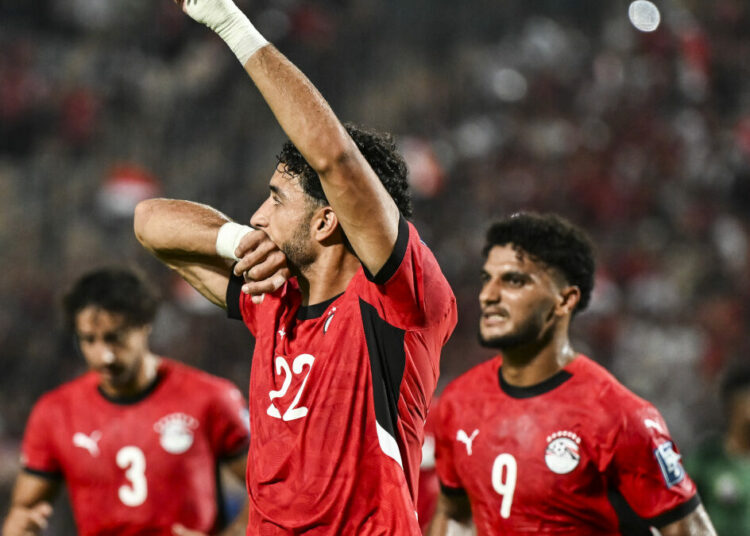 epa12355702 Omar Marmoush of Egypt celebrates scoring the 2-0 goal during the FIFA World Cup 2026 qualification soccer match between Egypt and Ethiopia, in Cairo, Egypt, 05 September 2025.  EPA/MOHAMED HOSSAM