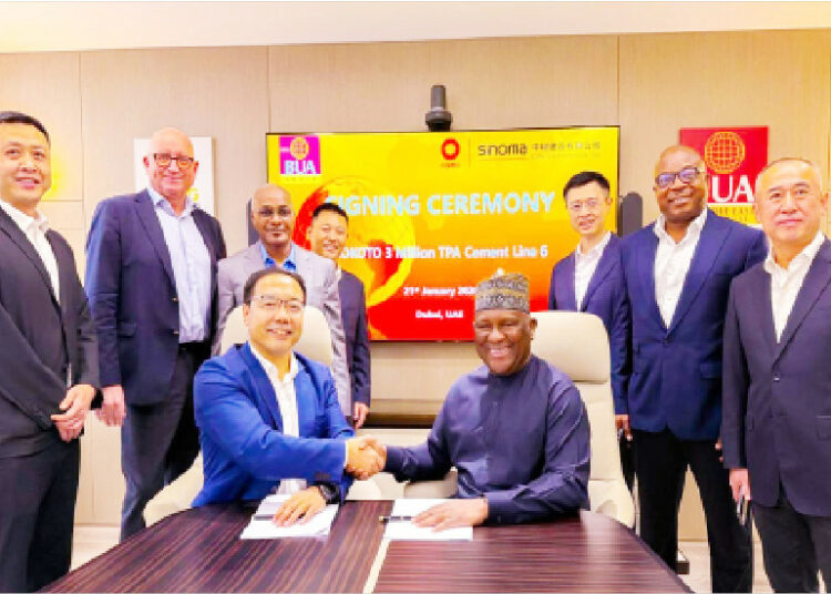 BUA Cement Signs $240m Deal With CBMI For Sokoto Line 6 1 Chairman CBMI Construction Ltd., Zhang Sicai, in a handshake with the chairman, BUA Cement Plc, Abdul Samad Rabiu (sitting), flanked from left to right by: CBMI deputy director of Marketing, Zhang Wanjun; chief operations officer, BUA Cement Plc, Finn Arnoldsen; managing director, BUA Cement Plc. Yusuf Binji; assistant general manager, CBMI, Fengtao Geng; Nigeria regional manager CBMI, Tian Bao; chief financial officer, BUA Cement Plc, Chikezie Ajaero, and CBMI vice general manager, Yang Zhi,during the signing of an agreement with CBMI to build a new ultra-modern 3-million-ton-per-annum cement line in Sokoto, yesterday. PHOTO BUA Cement