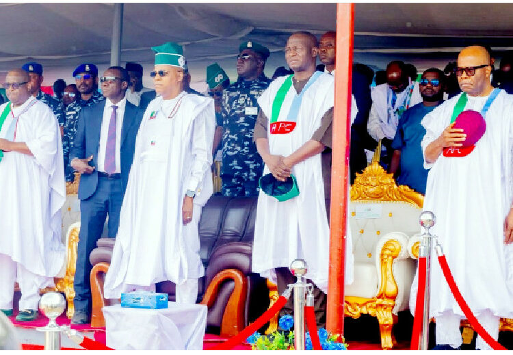 L-R: Plateau State Governor Caleb Mutfwang, Vice president Kashim Shettima, National Chairman of the All Progressives Congress (APC), Professor Nentawe Yilwatda, at the defection rally in honour of Mutfwang to the APC at the Jos Polo ground yesterday. PHOTO: SENATE PRESIDENT'S OFFICE