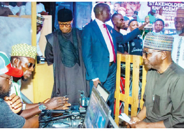 Ilorin Walkways And My Teacher Friends 1 Kwara State governor, AbdulRahman AbdulRazaq CON (right) being registered by Kwara central senatorial administrator, Olasukanmi Habeeb (left); and registration agent, Adewole Ward, Abdullahi Taofiq, during the APC stakeholders' engagement and commencement of membership e-registration and revalidation, in Ilorin, on Monday. PHOTO BY ABDULLAHI OLESIN, ILORIN
