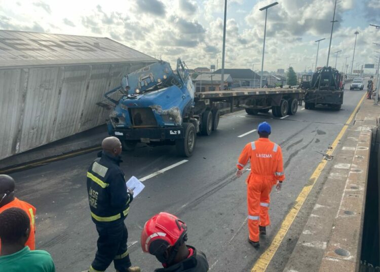2 Killed As Container-laden Trucks Collide On Lagos Highway 1 Trucks collide