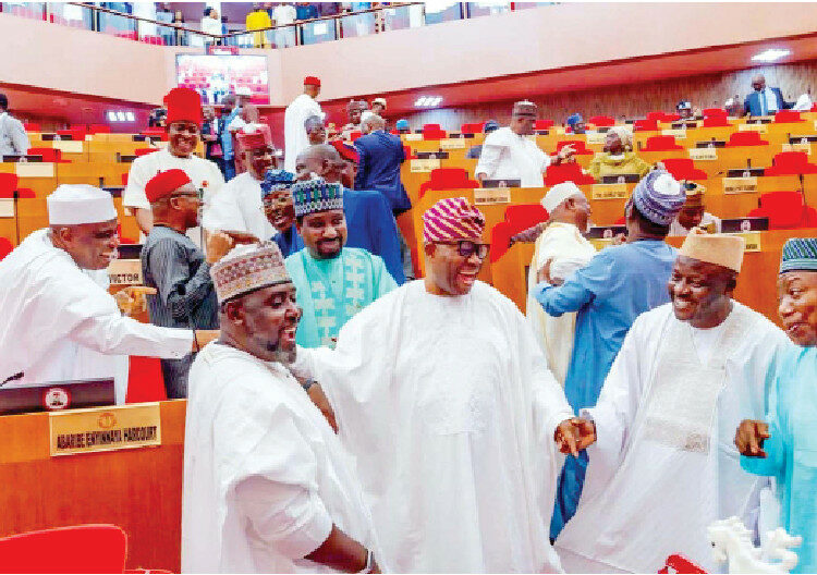 CSOs Pick Holes In Senate's Revised Clause 60(3) Of Electoral Bill 1 L-R: Senators Aminu Tambuwal, Enyinnaya Abaribe and Rufai Hanga; Deputy Senate President, Jibrin Barau; President of the Senate, Godswill Akpabio; Senators Ismaila Kawu and Adamu Aliero, exchanging banters after yesterday's emergency plenary of the Senate. PHOTO: SENATE PRESIDENT'S OFFICE