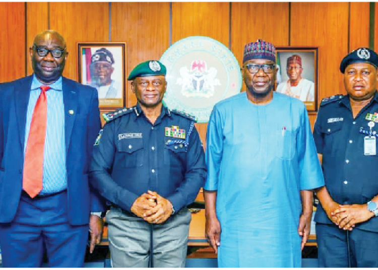 L-R: Director,  Department of State Services, Kwara State Command, Mr. Michael Oganwu; Inspector General of Police,  Olatunji Rilwan Disu; Governor AbdulRahman AbdulRazaq and commissioner of Police, CP Adekimi Ojo; during a courtesy visit to the Ahmadu Bello House, in Ilorin, on Monday.