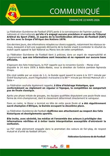 Guinea FA Debunks 'Walkout' Claims In 1976 AFCON Final 1 Communique