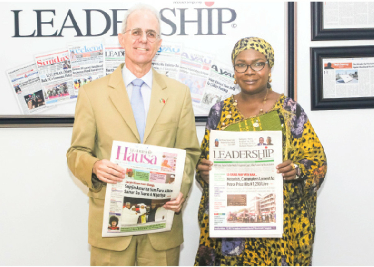 L-R: Turkish Ambassador to Nigeria, H.E. Mehmet Poroy, and Chairman, LEADERSHIP Group Ltd, Zainab Nda-Isaiah, during a courtesy visit by the Turkish Ambassador to LEADERSHIP headquarters in Abuja, yesterday. PHOTO: REUBEN OJOAJOGWU GAD