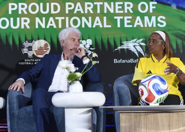 SAFA, Standard Bank Announce Partnership To Boost South African Football 1 Hugo Broos and Dr Desiree Ellis National Team Coaches during the SAFA Sponsor Announcement at the Standard Bank in Rosebank on the 02 March 2026 ©Sydney Mahlangu BackpagePix