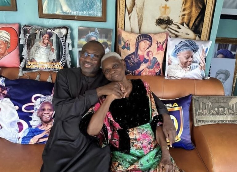 “I’m Still Behaving Myself Because Of You” — Femi Otedola Celebrates Mother, Dame Doja, At 94